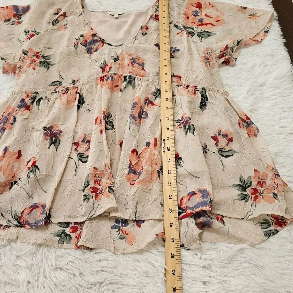 Lucky Brand Women's Floral Crinkle Flutter Sleeve Romantic Babydoll Blouse Sz XL - Picture 7 of 10